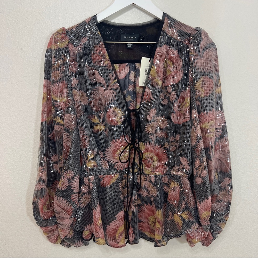 Ted Baker JUUDIE Sequin Floral Blouse Balloon Sleeve Tie Neck Party Top